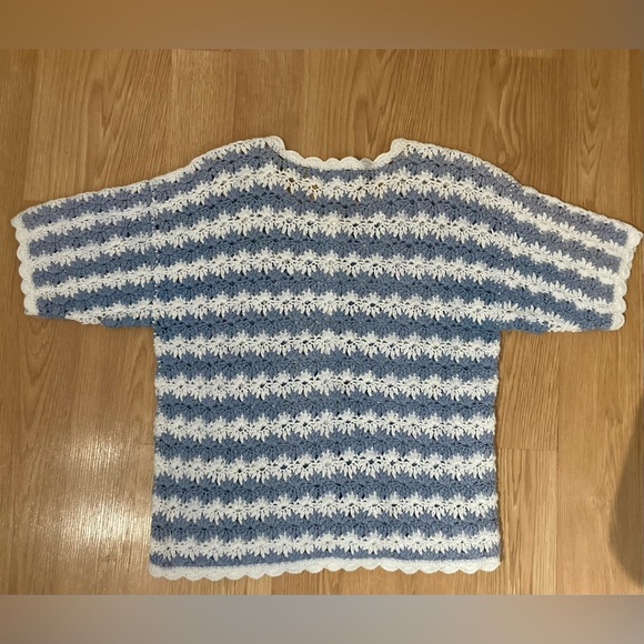 Margules Vintage 90s Blue White Striped Crochet Short sleeve Cardigan L Large - Picture 2 of 4